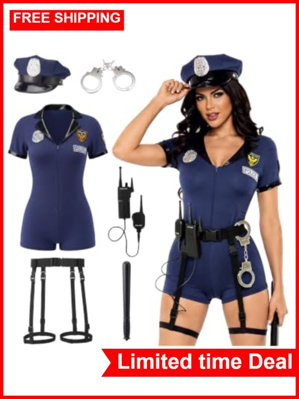 Women Police Costume Set with Badge Hat Handcuffs Baton